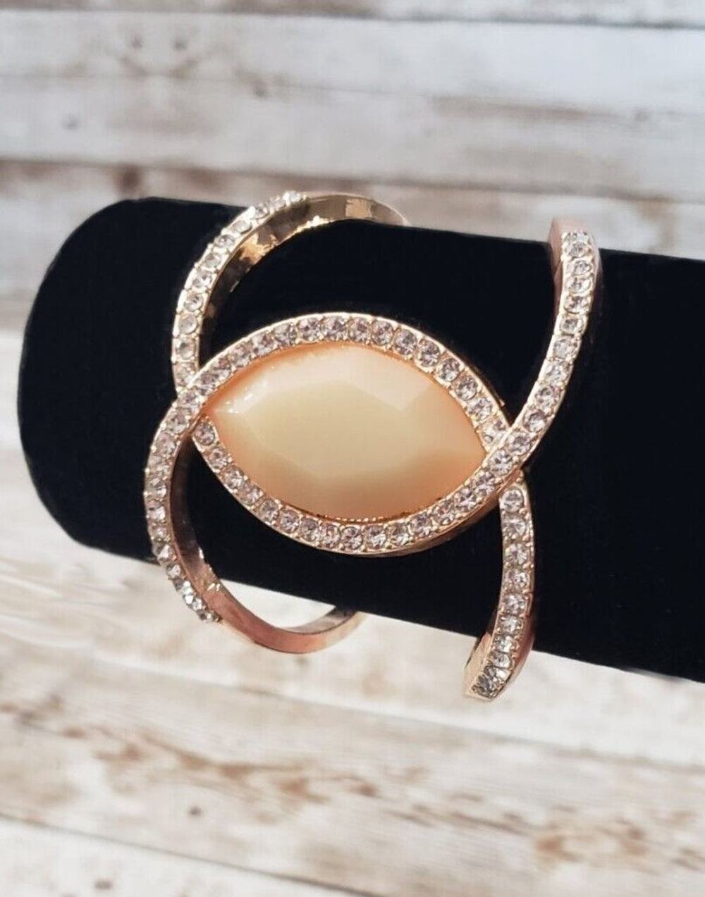 Vintage Bracelet / Bangle / Cuff - Peach & Clear Gems - Large Statement